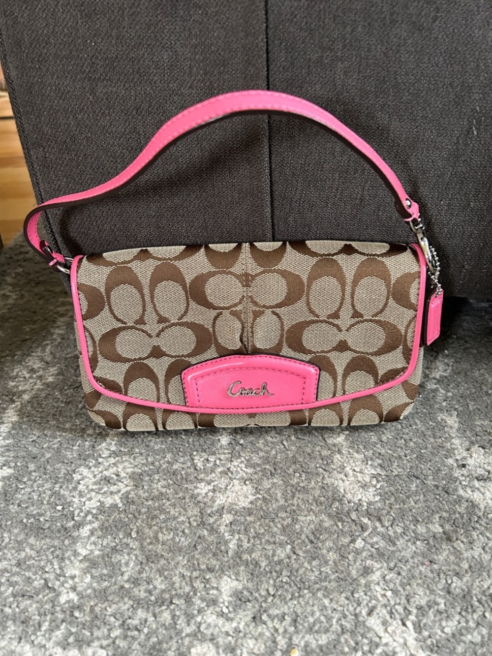 Coach Signature Canvas Jacquard Wristlet with Pink Trim